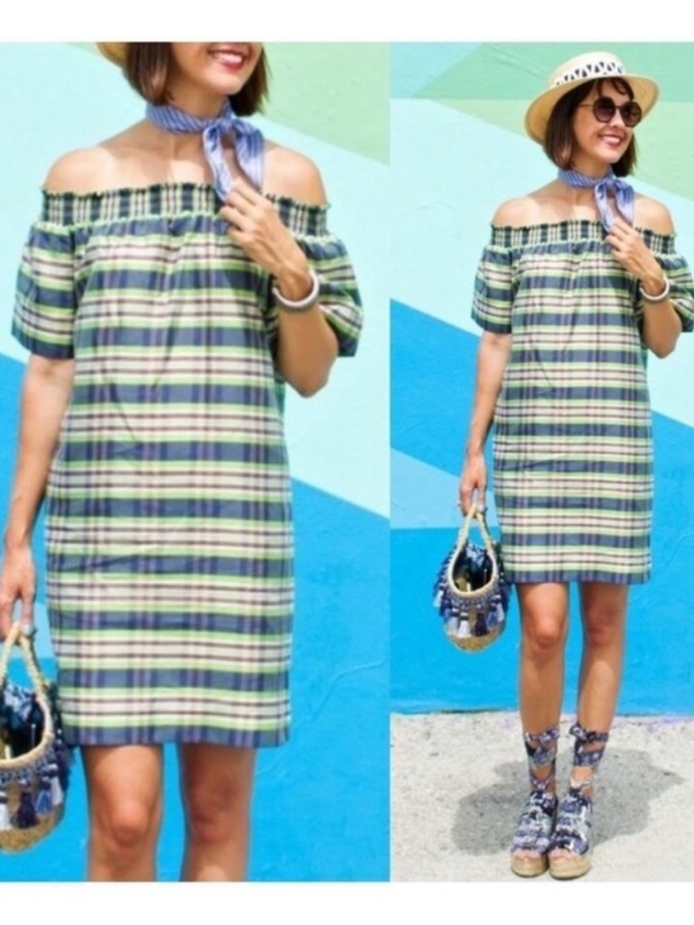 J. Crew Collection Off Shoulder Silk Plaid Dress